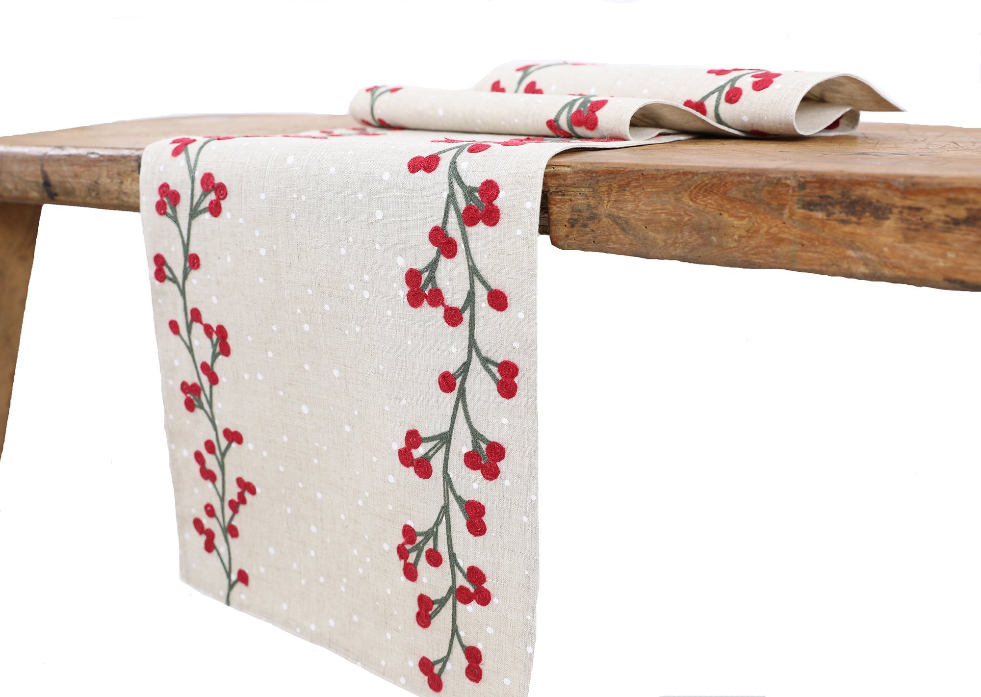 XD19816-Holly Berry Branch Crewel Embroidered Christmas Table Runner featuring vibrant holly berry branches and snow dots on a natural linen blend fabric.